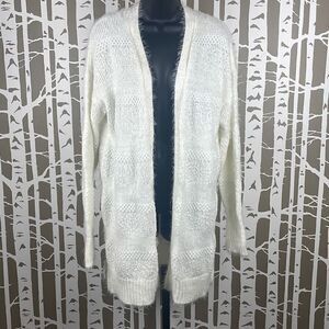 Alya Eyelash Popcorn Metallic Knit Open Front Longline Cardigan Sweater M Ivory